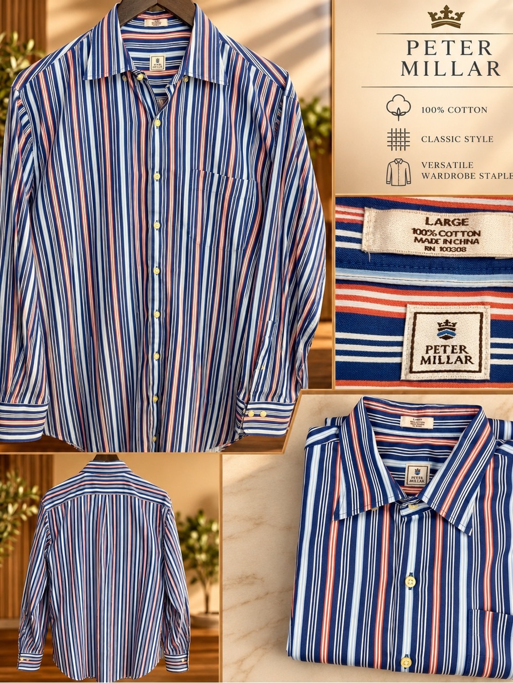 Peter Millar Blue, White & Red Striped Cotton Button-Down Shirt